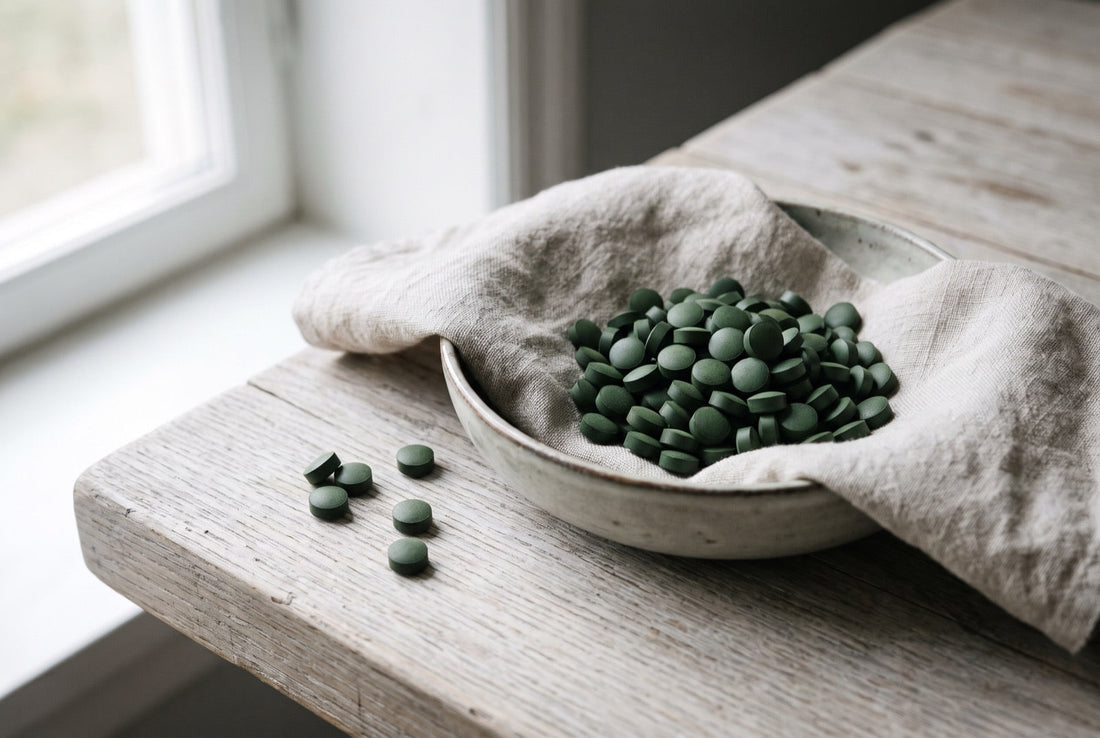 Chlorella- och spirulinatabletter i en keramikskål på ett ljust träbord