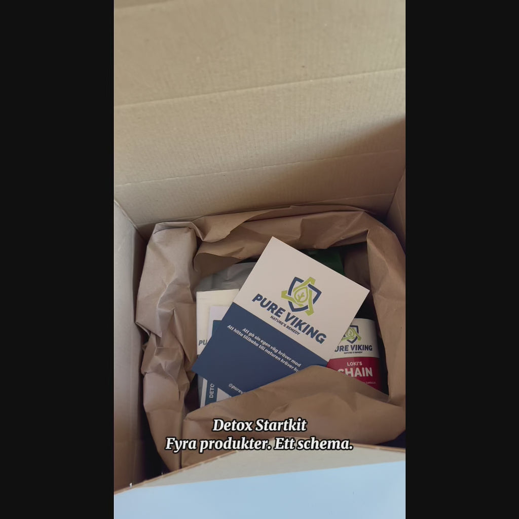 Film: Detox Startkit från Pure Viking packas upp och alla fyra produkter doseras morgon, lunch och kväll