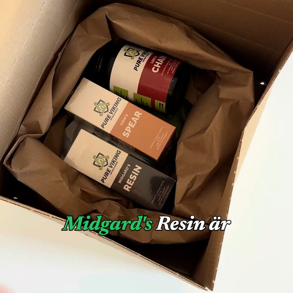 Produktfilm: Midgard's Resin shilajit-droppar från Pure Viking packas upp och droppas i ett glas vatten