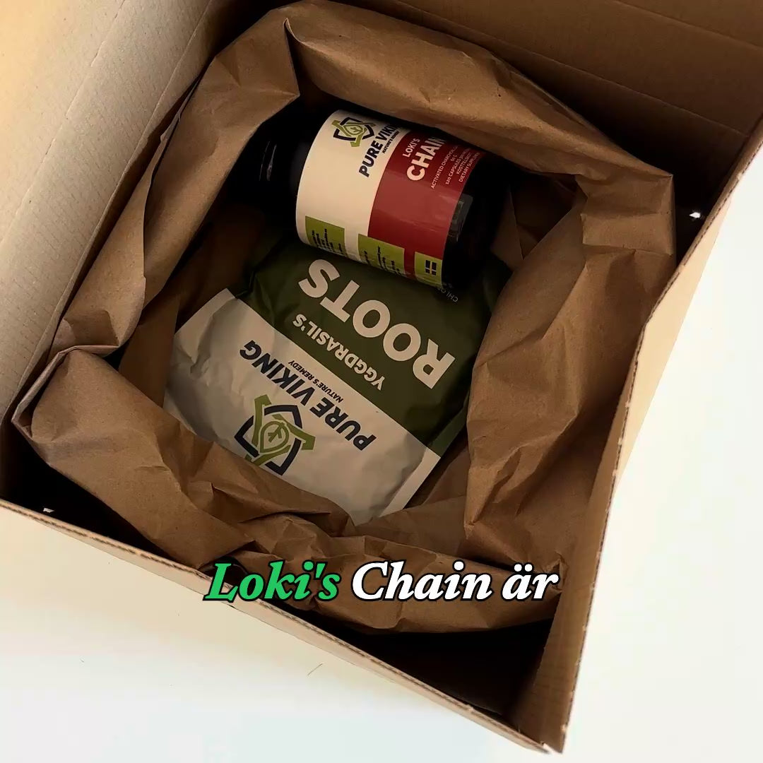 Produktfilm: Loki's Chain aktivt kol-kapslar från Pure Viking, burken packas upp och kapslar hälls i handen